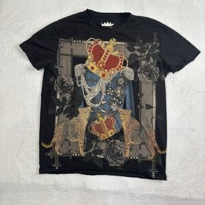 Y2K Heads or Tails Embellished Cheetah Crown Floral Black Graphic Shirt Men's L